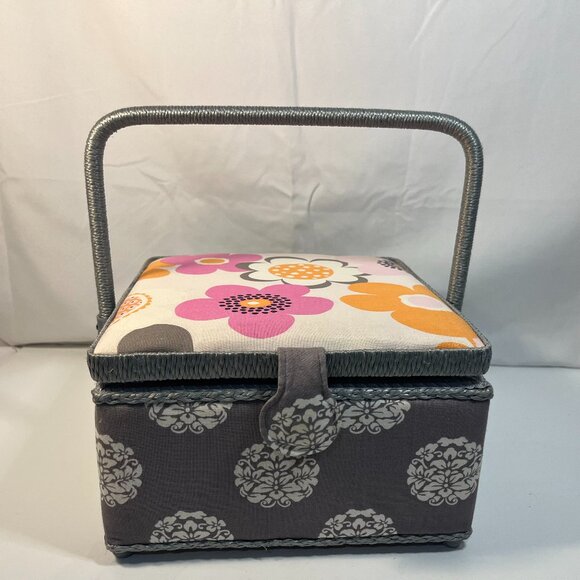 Sewing Box Basket Square Gray Pink Floral Padded Snap Closure Plastic Insert - Picture 1 of 10